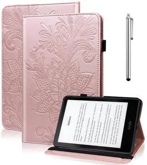 TUOLISG Case for 6.8" Kindle Paperwhite 11th Generation 2021 & Kindle Paperwhite Signature Edition, Embossed Lace Premium PU Leather Case with Card Slot for Kindle Paperwhite 2021, Rose Gold