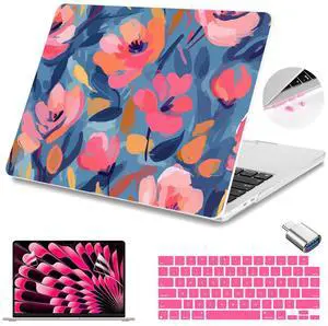 Teryeefi Compatible with M3 M4 M2 MacBook Air 15 inch Case 2025 2024 2023 Release A3241 A3114 A2941, Hard Shell Cover & Keyboard Cover & Screen Protector & OTG Adapter - W-Abstract Pink Flower