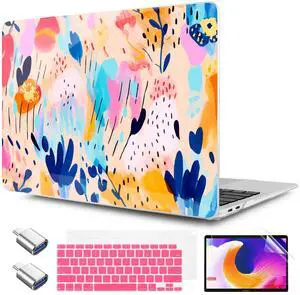 TWOLSKOO for MacBook Air 13.3 inch Case 2021 2020 2019 2018 Release M1 A2337 A2179 A1932 with Touch ID, Plastic Hard Shell Case & Keyboard Cover & Type C Adapter, Bright Abstract Florals