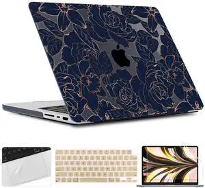 TWOLSKOO Case for MacBook Pro 14 inch M4 M3 M2 M1 (2025-2021) A3112 A3185 A3401 A2918 A2992 A2779 A2442, Plastic Hard Shell & Keyboard Cover & Screen Protector & Trackpad Film, Elegant Roses