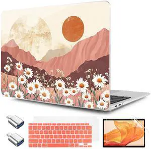 TWOLSKOO for MacBook Air 13.3 inch Case 2021 2020 2019 2018 Release M1 A2337 A2179 A1932 with Touch ID, Plastic Hard Shell Case & Keyboard Cover & Type C Adapter, Mountains & Daisies