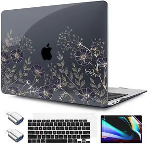 TWOLSKOO for MacBook Air 13.3 inch Case 2021 2020 2019 2018 Release M1 A2337 A2179 A1932 with Touch ID, Plastic Hard Shell Case & Keyboard Cover & Type C Adapter, Golden Flowers