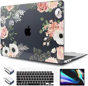 TWOLSKOO for MacBook Air 13.3 inch Case 2021 2020 2019 2018 Release M1 A2337 A2179 A1932 with Touch ID, Plastic Hard Shell Case & Keyboard Cover & Type C Adapter, Rose Flower