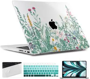 TWOLSKOO Compatible with MacBook Pro 14 inch Case 2023 2022 2021 Release M2 A2779 M1 A2442 Pro/Max Chip with Touch ID, Plastic Hard Shell Case & Keyboard Cover & Screen Protector, Wildflower