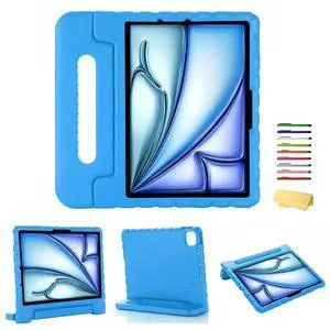 UUcovers for iPad Air 11-inch Case M3/M2 (2025/2024) for Kids with Pencil Holder/Kickstand, Anti-Slip Handle Stand Lightweight Soft EVA Foam Shockproof Rugged Bumper Tablet Protective Cover, Blue