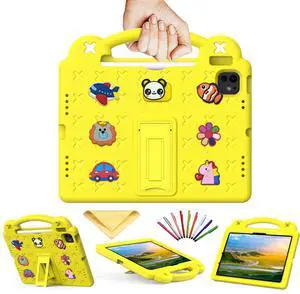 UUcovers for iPad Air 11 inch Kids Case M3/M2 (2025/2024) & iPad Pro 11 Inch M4 Case 2024 with Pencil Holder/Handle/Kickstand/Cute DIY Soft EVA Shockproof Stand Lightweight Tablet Cover, Yellow Bear