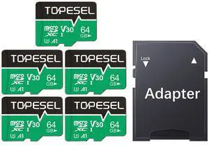 TOPESEL Micro SD Card high Speed 90mb per Second TF Card 4K Recording Memory Card with Adapter (5 Pack, 64, GB)