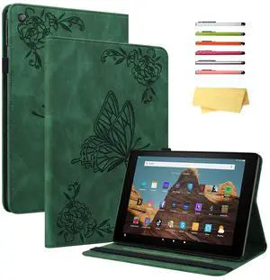 UUcovers Fire HD 10 Case 9th/7th/5th Generation 10.1" (2019/2017/2015), Slim Folio Stand Wallet with Pencil Holder Elastic Band [Auto Sleep/Wake] Embossed PU Leather Cover, Green Flower Butterfly