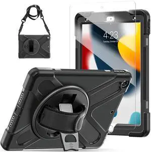 TSQ Case for iPad Case 9th/8th/7th Generation with Screen Protector for Kids | Military Grade Shockproof Protective with Stand Hand Shoulder Strap Cover for iPad 9th 8th 7th Gen 10.2 Inch| Black