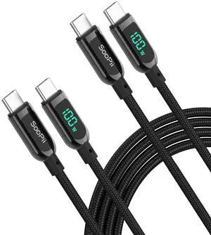 SOOPII 100W USB C to USB C Cable,[6.6ft,2-Pack],Nylon Braided Fast Charging Cable with LED Display for lPhone 15/15 Pro/15 Plus,lPad Air,MacBook Pro, Galaxy S24/S23 (Black)