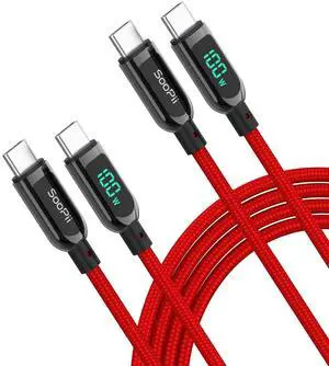 SOOPII 100W USB C to USB C Cable,[6.6ft,2-Pack],Nylon Braided Fast Charging Cable with LED Display for lPhone 15/15 Pro/15 Plus,lPad Air,MacBook Pro,Galaxy S24/S23 (Red)