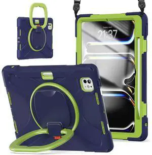 TSQQST Case for iPad Pro 11 Inch (M4) 2024 5th Generation, Shockproof Protective Case with Pencil Holder Screen Protector, 360deg Rotate Stand Case with Shoulder Strap, Navyblue Lime