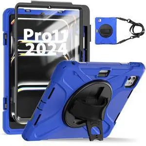 TSQQST Case for iPad Pro 11 Inch 2024 (5th Gen) with Screen Protector, Heavy Duty Rugged Proective Case Cover with Shoulder Strap/Pencil Holder/Handle/Rotating Stand, Blue