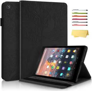 UUcovers 10.1" Fire HD 10 Case 9th/ 7th/ 5th Generation (2019/2017/ 2015) with Pencil Holder Elastic Band Pocket Multi-Angle Stand Magnetic Folio Wallet PU Leather Shockproof Cover, Black Lucky Tree