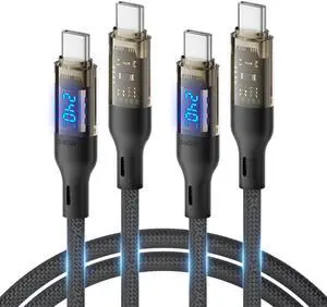 SOOPII 240W USB C to USB C Cable[4ft 2-Pack],Fast Charging USB C Cable with LED Display for Galaxy S23+/S23Ultra/S22Ultra,MacBook Pro,lPhone16/15/15Pro/15ProMax,etc,Transparent Shell,(Black)