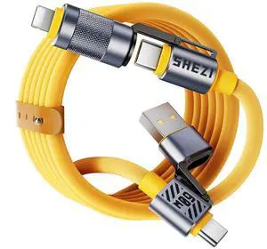 Vexipia 4 in 1 USB C Cable Lightning Cable, 60W Fast Charging & Data Transfer, iPhone iPad Charger Cord with Lightning/Type C/USB A for iPhone 16/15/14/Macbook,IPad, 5FT Yellow