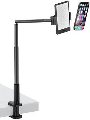 Viozon Tablet Holder Stand, Phone/Kindle Holder with Flexible Aluminum Alloy Long Arm, C Clamp for Headboard Bedside&Table, Compatible with 3.5-11" iPad,Kindle, iPhone 15 14 Plus/Pro Max,B