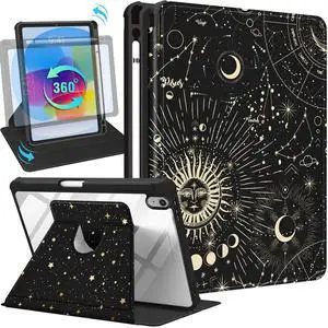Uppuppy for iPad A16 Case - for iPad 10th Generation Case 10.9 Inch Women Girls Cute Moon Sun Star Black Girly Aesthetic Pretty Unique Rotating Stand Folio Tablet Cover for Apple 10/11 2025