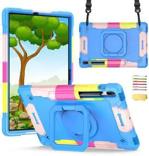 UUcovers Stand Case for Samsung Galaxy Tab S8 Plus 2022/Tab S7 FE 5G 2021/Tab S7 Plus 2020 Case 12.4 inch with Hand/Shoulder Strap 360 Degree Rotating Kickstand Rugged Shockproof Cover,Rainbow & Blue