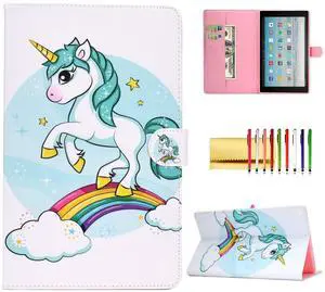 Wallet Case for Amazon Fire HD 10 Tablet (5th Gen/7th Gen/9th Gen), Techcircle Slim Folding Stand [Auto Sleep/Wake] Magnetic Closure Smart Cover for Fire HD 10.1" Tablet (Old Model), Green Unicorn