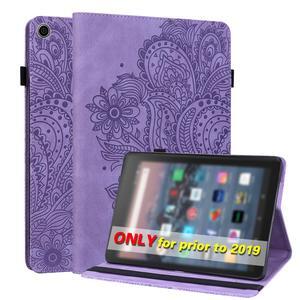 VODEFOX  Kindle Fire HD 8 8th/7th/6th Generation Case 2016/2017/2018,Embossed Peacock Flower Pattern PU Leather Folio Wallet Shockproof Cover with Pencil Holder Elastic Band - Purple