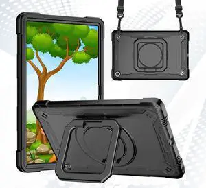 TDA Trading Case for Lenovo Tab M10 Plus (3rd Gen) 10.6 Inch Tablet (Model: TB125FU/TB128FU/TB128XU) Hybrid Shockproof 360 Rotating Multi-Functional Ring Stand Case with Shoulder Straps (Black/Black)