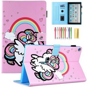 UUcovers Case for  Kindle Fire HD 10 Tablet 9th/7th Generation (2019 and 2017) 10.1" Cover with Pencil Holder Smart Folio Stand PU leather Magnetic Wallet [Auto Wake/Sleep], Rainbow Unicorn