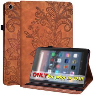 VODEFOX  Kindle Fire HD 8 8th/7th/6th Generation Case 2016/2017/2018,Embossed Lace Flower Pattern PU Leather Folio Wallet Shockproof Cover with Pen Holder Elastic Band - Brown