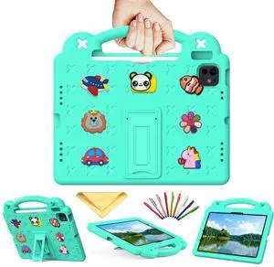 UUcovers for iPad Air 11 inch Kids Case M3/M2 (2025/2024) & iPad Pro 11 Inch M4 Case 2024 with Pencil Holder/Handle/Kickstand/Cute DIY Soft Shockproof Stand Lightweight Tablet Cover, Mint Green Bear