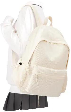 WEPOET School Backpack for Teens Boys Girls Cute Corduroy Bookbag Classic Casual High School Bag Lightweight College Backpack For Women Men(Beige)