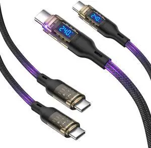 VisionSync 240W USB C to USB C Cable with LED Display Compatible with 140W 100W Fast Charging for MacBook Pro,lPhone 16/15/15Pro/15ProMax,Galaxy S23+/S23Ultra/S22,6.6ft 2Pack,Black,Transparent Shell