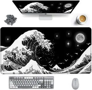 Viorichve Gaming Mouse Pad Japanese Black and White Sea Wave Large XXL Mouse Pad Extended Big Desk Mat 34.65" x 15.7" Keyboard Laptop Computer Mousepad for Home Office Gaming Work