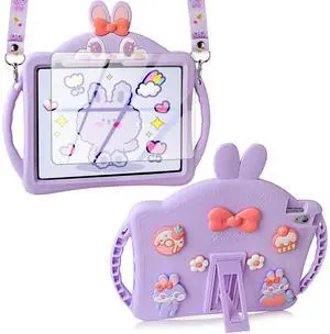 VOFUOE for iPad 10th Generation Case 10.9 Inch 2022 Kids Girls for iPad A16 Case 11th Generation 2025 with Screen Protector Shoulder Straps Handle Cute Rabbit Soft Silicone Tablet Cover-Purple