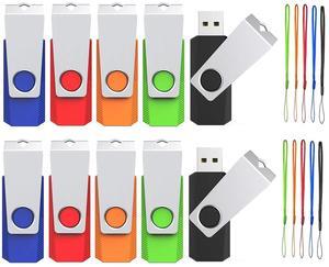 8GB Flash Drive 10 Pack, Wooolken USB 2.0 Memory Stick Thumb Drive with Lanyards Swivel USB Stick for Data Storage and Backup (Mixed Colors)
