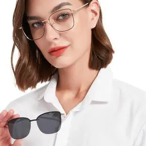 WEMOOTANTS Blue Light Blocking Glasses for Women with Polarized Sunglasses Clip for Driving, Black Gold Metal Eyeglasses for Computer