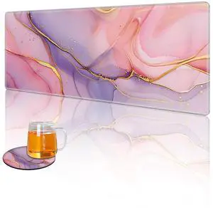 Tudguiloae Large Gaming Mouse Pad with Coaster Edge Stitching Pink Gold Marble Keyboard Mouse Mat for Desk Household Extended Desktop Long Mouse Pad Polyester Surface and Non-Slip Rubber Base