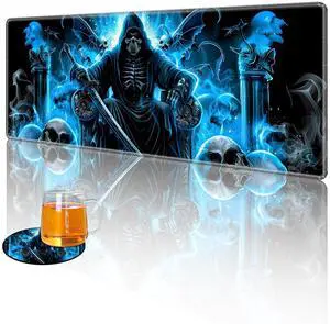 Tudguiloae Large Gaming Mouse Pad with Coaster Edge Stitching Blue Fire Skull Spirits Rider Keyboard Mouse Mat for Desk Household Extended Desktop Mouse Pad Polyester Surface and Non-Slip Rubber Base