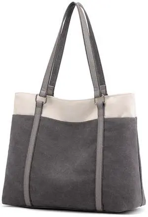 Wxnow Canvas Tote Bag fof Women, Retro Canvas Tote 15.6 inch Work Shoulder Bags Casual Briefcase Handbag for Travel Office (C-Light grey)