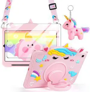 YEBOLU for Samsung Galaxy Tab S6 Lite 10.4 in Case SM-P610 P613 P615 P619 with Screen Protector Pencil Holder Handle Stand Keychain Strap Silicone Protective Tablet Cover for Kids Girls