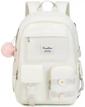 YAMTION Backpack for School,Teen Girls Aesthetic Bookbag with 15.6in Laptop Compartment for High School College Students,Cute Kids Schoolbag,Beige