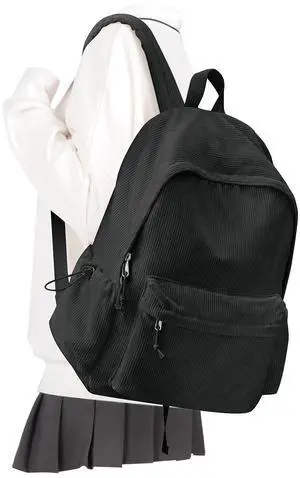 WEPOET Black School Backpack for Teens Boys Girls Cute Corduroy Bookbag Classic Casual High School Bag Lightweight College Backpack For Women Men