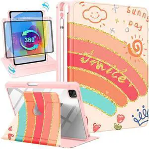 Uppuppy for iPad Pro 12.9 Case Folio Cover with Pencil Holder Girls Women Cute Kids Sun Rainbow Girly Kawaii Smile Pretty Rotating Stand for Apple iPad Pro 12.9 Inch Cases 2022/2021/2020/2018