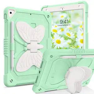 YINLAI Case for iPad 6th/5th Generation, iPad 9.7 Inch/iPad Air 2nd/iPad Pro 9.7 Cases with Pencil Holder Butterfly Wings Kickstand Kids Shockproof Protective Cover, Green