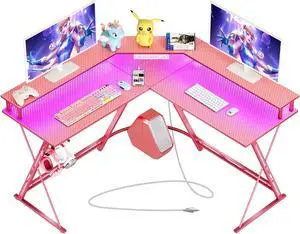 SEVEN WARRIOR Gaming Desk 50.4 with LED Light & Power Outlets, L-Shaped Gaming Desk Carbon Fiber Surface with Monitor Stand, Ergonomic Gamer Table with Headphone Hook, Pink