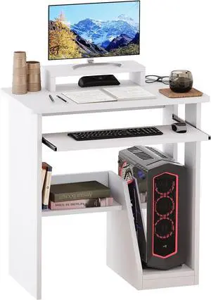 ALISENED Home Office Computer Desk with Monitor Stand Keyboard Tray, 29.5 Inch Study Writing Desk Small PC Laptop Table with Storage Shelves, Modern Workstation for Small Spaces Save Space