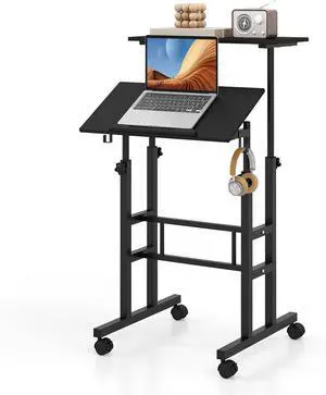 Tangkula Mobile Standing Desk, Height-Adjustable Laptop Podium Cart with Tilting Tabletop & Adjustable Angle, Rolling Stand Up Computer Desk with 2 Hanging Hooks & Lockable Casters for Home Office