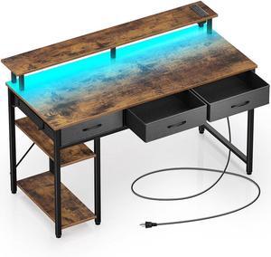 Rolanstar Computer Desk with Power Outlets & LED Light, 47 inch Home Office Desk with 3 Drawers and Storage Shelves, Writing Desk with Monitor Stand, Work Study Desk for Home Office,Rustic Brown