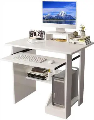30-Inch Small Computer Desk for Small Spaces With Shelves, Keyboard Tray, Storage, Monitor Stand - Compact Standing Desk for Home Office Study, White