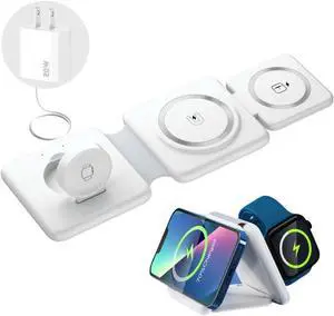 Wireless Charging Station 3 in 1 Foldable Magnetic 15W Travel Multiple Devices Fast Charger for iPhone 16/15/14/13/12 Series, AirPods 3/2/Pro/Pro2, iWatch (White)