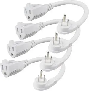 [4 Pack] Flat Plug Short Power Extension Cord - 6inch White Low Profile Flat Head 3 Prong Grounded Indoor Extension Cord,16AWG 13amp Household Appliance Electrical Extension Cord with Flat Wall Plug